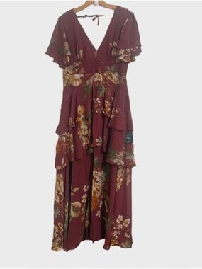 Lulu's Burgundy Floral Tiered Maxi Dress